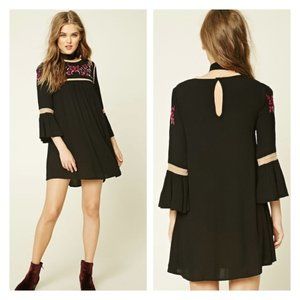 Forever 21 Floral Embroidered Bell Sleeve Dress L